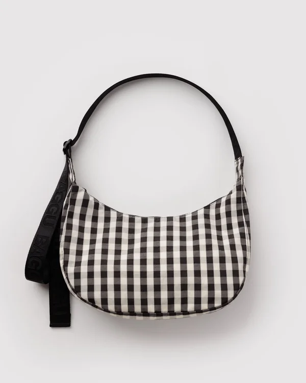 Medium Nylon Crescent Bag - Black And Cream Gingham - Material: heavyweight-nylon