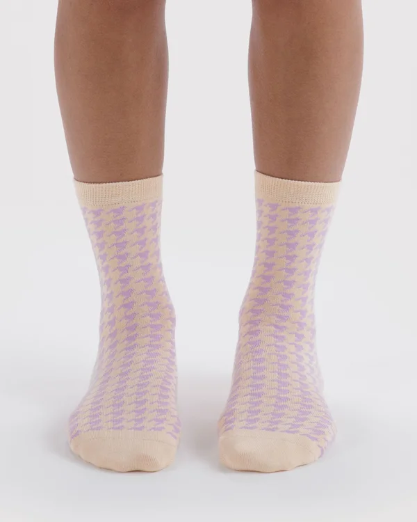Crew Sock - Pink Houndstooth - Material: organic-cotton